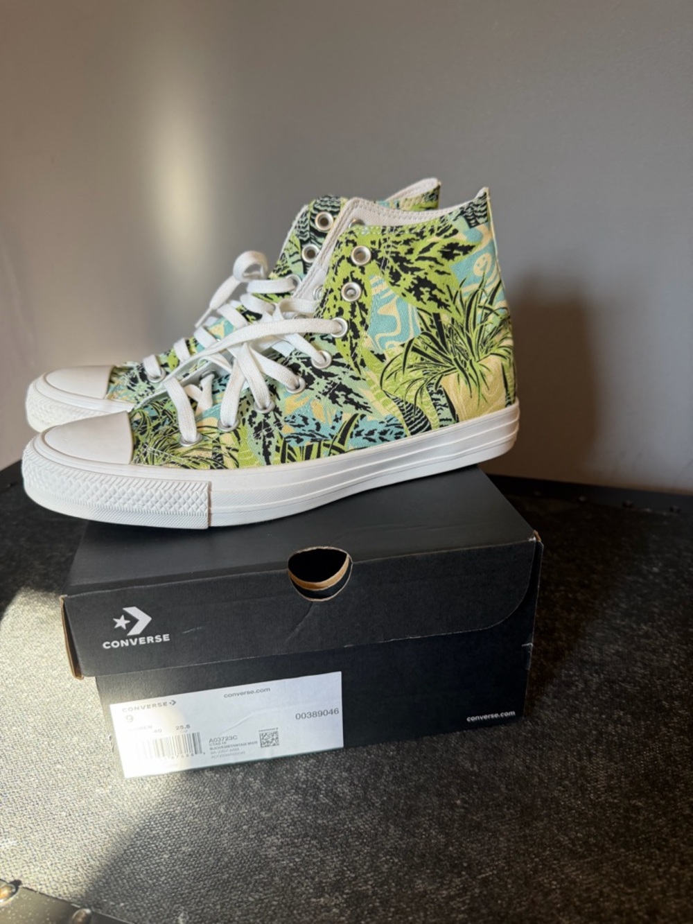 Converse High Top Sneakers in Green and Aqua Tropical Print